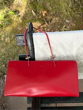 Red Furla Handbag w/ String Straps & 2 Spring Slides for Closure